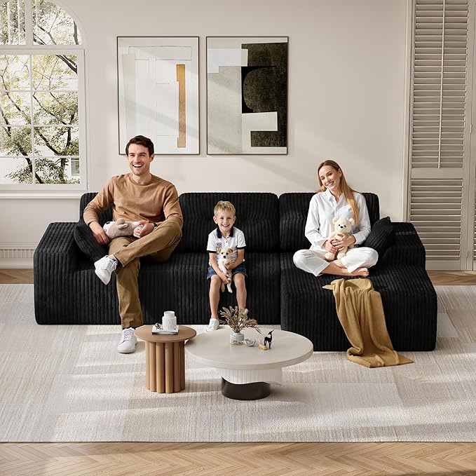 Ball & Cast 106" Cloud Modular Sectional Sofa, Boneless Corduroy Couch with Deep Seat, Comfy L-Shaped Sectional, Modern Upholstered Sofa for Living Room, No Assembly (Black, Right Facing Chaise)