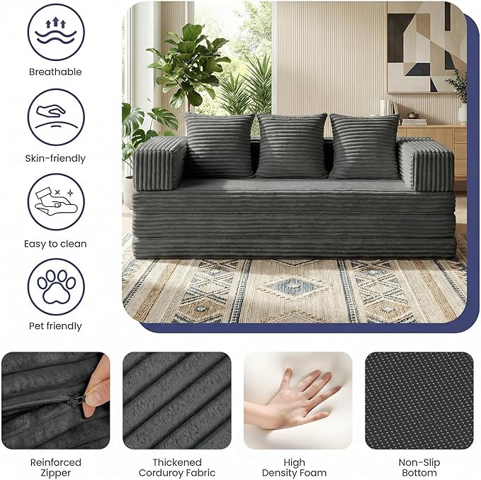 Convertible Sofa Bed Couch, 78’’ Oversized 4-in-1 Boneless Couches with Removable Armrests Backrest, Corduroy Futon Sofa Bed, Foldable Mattress Sleeper Sofa for Living Room Bedroom (Grey)