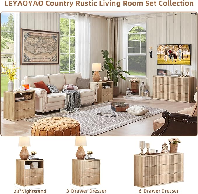 LEYAOYAO 48" Wide Fluted Dresser and 2 Drawers 23" Nightstand Set of 2, Wooden Dresser & Night Stand with Charging Station, 3 Piece Bedroom Furniture Set, Chest of Drawer for Living Room,Natural Wood