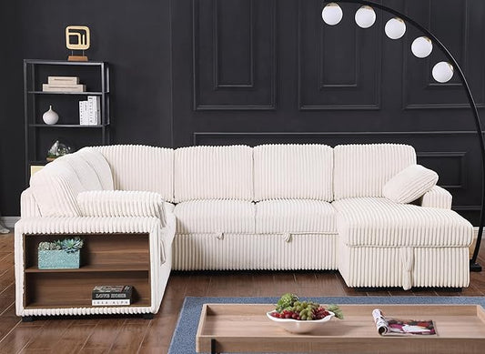 6 Seater Oversized U Shaped Sleeper Sectional Sofa Pull Out Couch Bed, Comfy Corduroy Upholstered Convertible Pullout Lounge Sofa Sofabed w/Storage Chaise, Shelves for Living Room Apartment