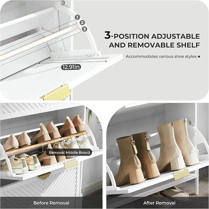 Shoe Cabinet Storage with 2 Flip Drawers, Narrow Hidden Shoes Organizer Cabinet for Entryway, Freestanding Slim Shoe Rack Front Door Entrance(White) - Image 4