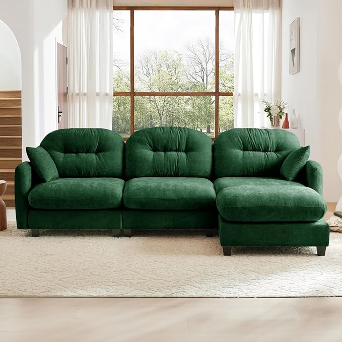 KEIKI 107" L-Shaped Oversized Chenille Modular Sectional Sofa with 1 Ottoman, High-Density Foam Cushions, Tufted Pleated Cushion Backrest, Modern 3-Seater Couch with 2 Pillow, for Living Room, Green