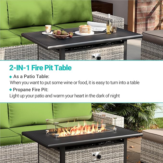 7Pcs Patio Rocking Swivel Chair with 55,000 BTU Fire Pit Table Outdoor Wicker Rattan Bistro Set with Tempered Glass Side Table, Patio Furniture Set for Garden and Balcony, Avocado Green
