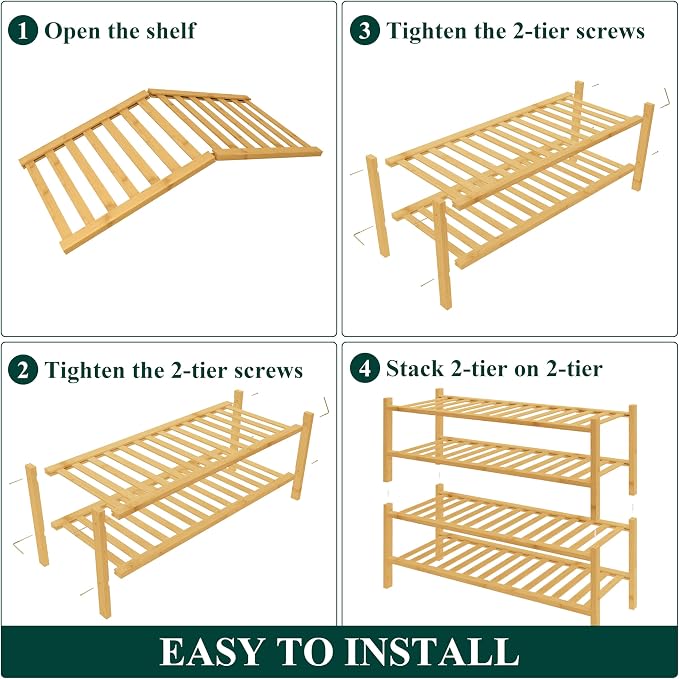 Smiry Bamboo Shoe Rack for Closet, 4 Tier Wooden Stackable Shoe Organizer, Free Standing Shoes Storage Shelf for Entryway, Front Door Entrance, Natural - Image 6