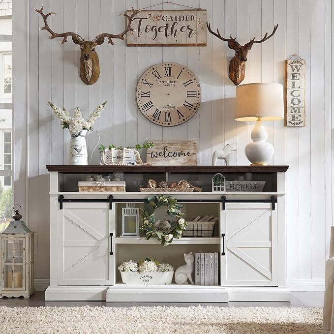 Farmhouse TV Stand for 80 Inch TVs, 37.4"Tall Entertainment Center w/Storage Cabinets and Sliding Barn Door, Media Console Cabinet w/Soundbar & Adjustable Shelves for Living Room, 70 inch (White) - Image 4