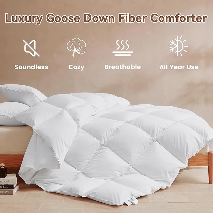 Goose Feather Down Fiber Comforter Twin Size, All Season Duvet Insert, 750+FP Hotel Bed Comforter, Ultra Soft 100% Organic Cotton Fabric, 68x90 Inches