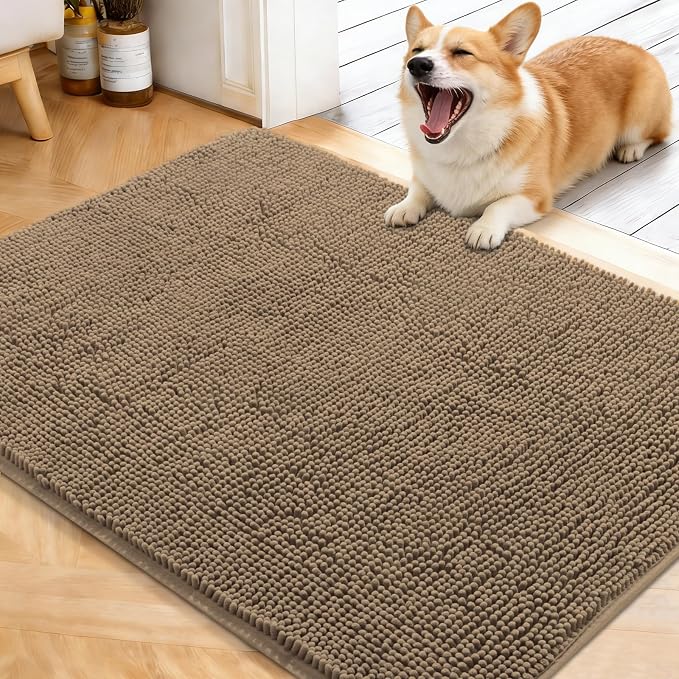 OLANLY Dog Door Mat for Muddy Paws 40x32, Absorbs Moisture and Dirt, Absorbent Non-Slip Washable Doormat, Quick Dry Chenille Mud Mat for Dogs, Entry Indoor Entryway Carpet for Inside Floor, Tan by OLANLY