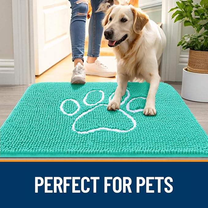 OLANLY Dog Door Mat for Muddy Paws 48x30, Paw Print Design, Absorbs Moisture and Dirt, Absorbent Non-Slip Washable Doormat, Quick Dry Chenille Mud Mat for Dogs, Entry Indoor Entryway Carpet, Teal - Image 6