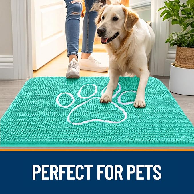 OLANLY Dog Door Mat for Muddy Paws 40x32, Paw Print Design, Absorbs Moisture and Dirt, Absorbent Non-Slip Washable Doormat, Quick Dry Chenille Mud Mat for Dogs, Entry Indoor Entryway Carpet, Teal - Image 6