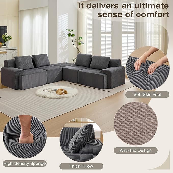 Modular Sectional Sofa, Boneless Couches for Living Room, Corduroy Couch, Big Comfy Couch, Modular Cloud Sofa with Deep Seat (Grey, 5 Pieces-L Shape)