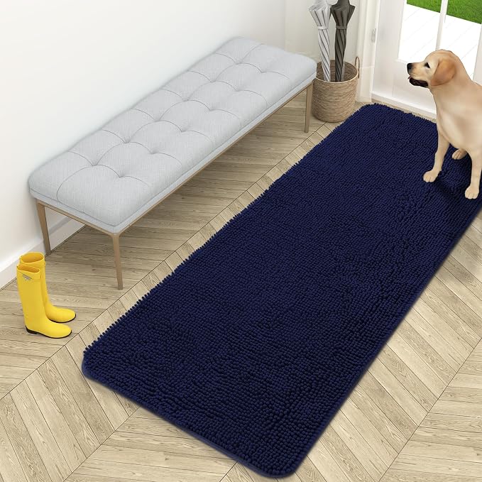 OLANLY Dog Door Mat for Muddy Paws 59x24, Absorbs Moisture and Dirt, Absorbent Non-Slip Washable Doormat, Quick Dry Chenille Mud Mat for Dogs, Entry Indoor Entryway Carpet for Inside Floor, Navy Blue by OLANLY