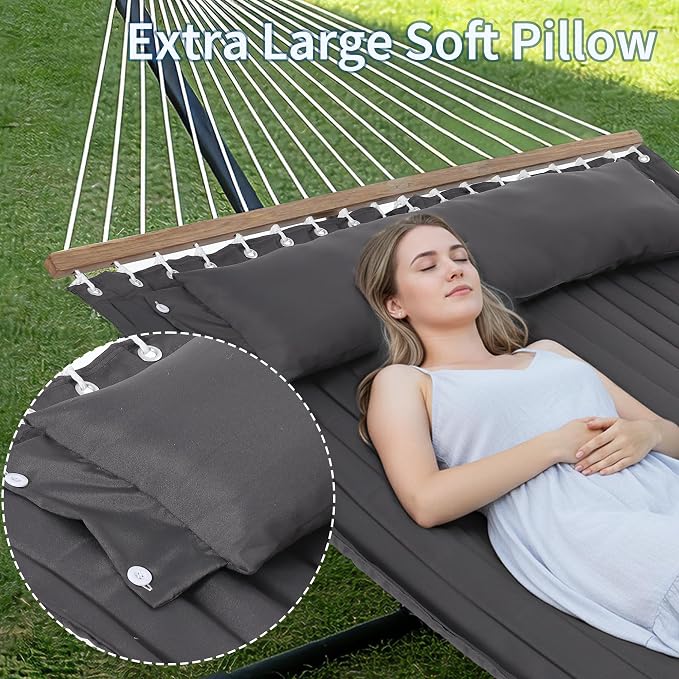 Double Hammock with Stand for 2 Person, Outdoor Freestanding Hammock Bed with 475lb Capacity - Heavy Duty Steel Frame, Quilted Pillow & Portable Carry Bag, Easy Assembly, Dark Gray - Image 3