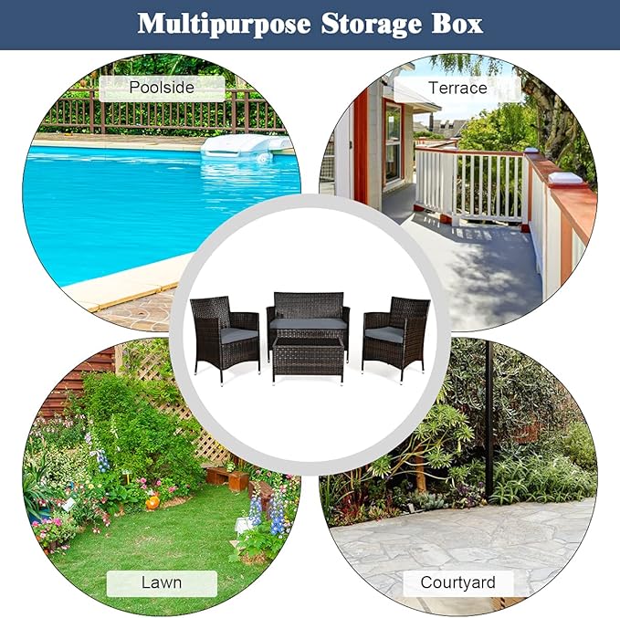 COSTWAY 4PCS Rattan Patio Furniture Set, Outdoor Wicker Rattan Chairs with Coffee Table, Rattan Cushioned Conversation Set for Backyard Balcony Porch Poolside, Grey