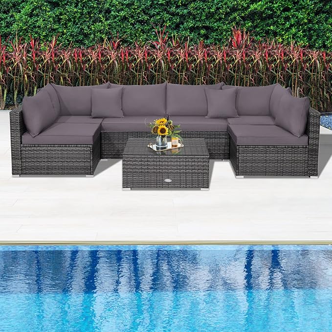 Tangkula 7 Piece Patio Wicker Furniture Set, Outdoor Rattan Sectional Sofa Set for 6 with Seat & Back Cushions, 2 Throw Pillows, Sofa Fastener Clips, for Backyard, Poolside, Deck and Garden (Gray)