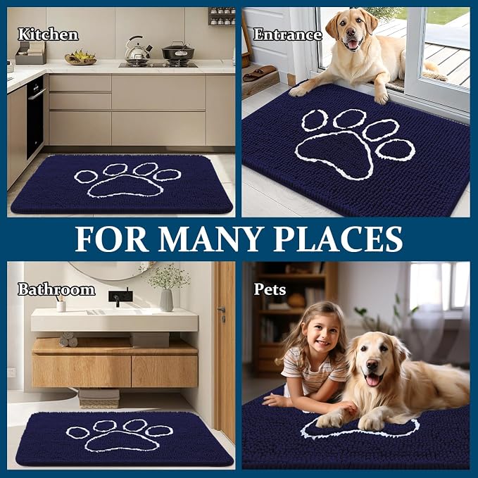 OLANLY Dog Door Mat for Muddy Paws 36x24, Paw Print Design, Absorbs Moisture and Dirt, Absorbent Non-Slip Washable Doormat, Quick Dry Chenille Mud Mat for Dogs, Entry Indoor Entryway Carpet, Navy Blue - Image 8