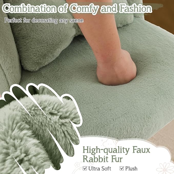 VINGLI Fluffy Girls Vanity Chair with Back & Pillow,Cute Small Cozy Desk Chair No Wheels,Comfy Makeup Ch with Ajustable Gold Legs,for Bedroom,Living Room,Small Space,Green