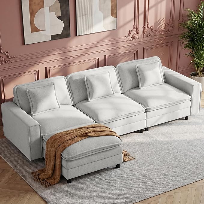 Modular Sectional Sofa 107", Comfy Cloud Couch with Ottoman, Deep 4-Seat L Shaped Modular Sofa, Couches with Throw Pillows for Living Room, Beige