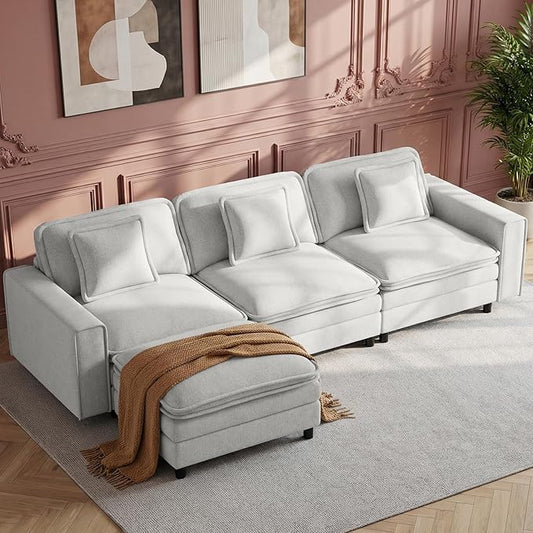 Modular Sectional Sofa 107", Comfy Cloud Couch with Ottoman, Deep 4-Seat L Shaped Modular Sofa, Couches with Throw Pillows for Living Room, Beige