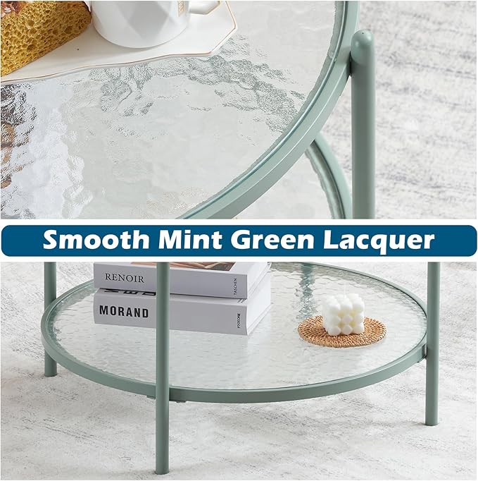 VINGLI 25.6" Small Light Bright Green Round Coffee Table Water-Wave Glass Circle Clear Center Coffee Table with 2-Tier Modern Storage Design for Living Room, Bedroom, Meeting Room, Balcony, Patio