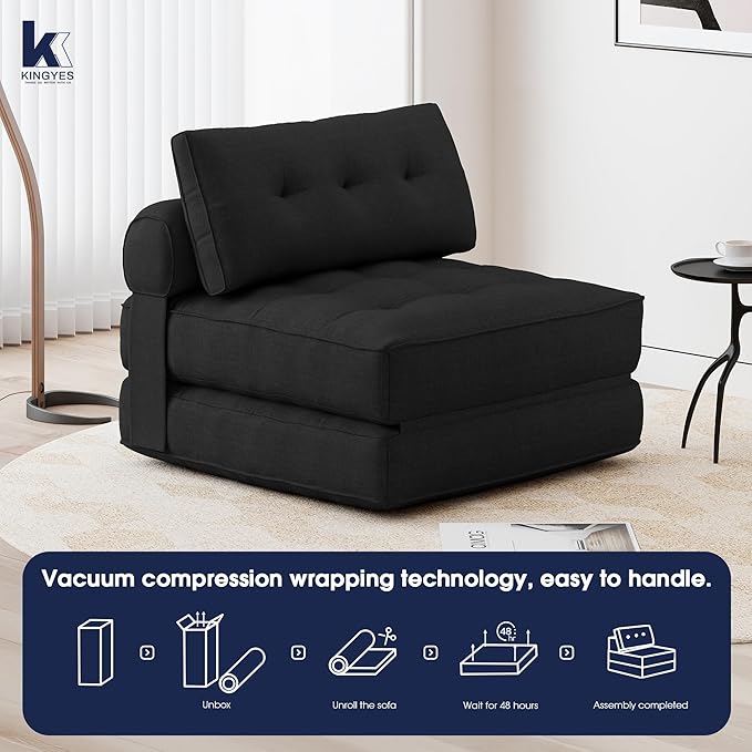 KINGYES Folding Chair Bed, 3 in 1 Convertible Sleeper Chair with Pillow, Foldable Futon Chair for Living Room, Black