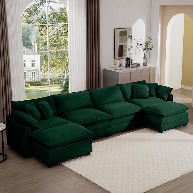 KEIKI 150" U-Shaped Oversized Corduroy Modular Sectional Sofa with 2 Ottoman, High-Density Foam Cushions, Removable Armrests, Upholstered 4-Seater Corner Couch with 6 Pillow, for Living Room, Green