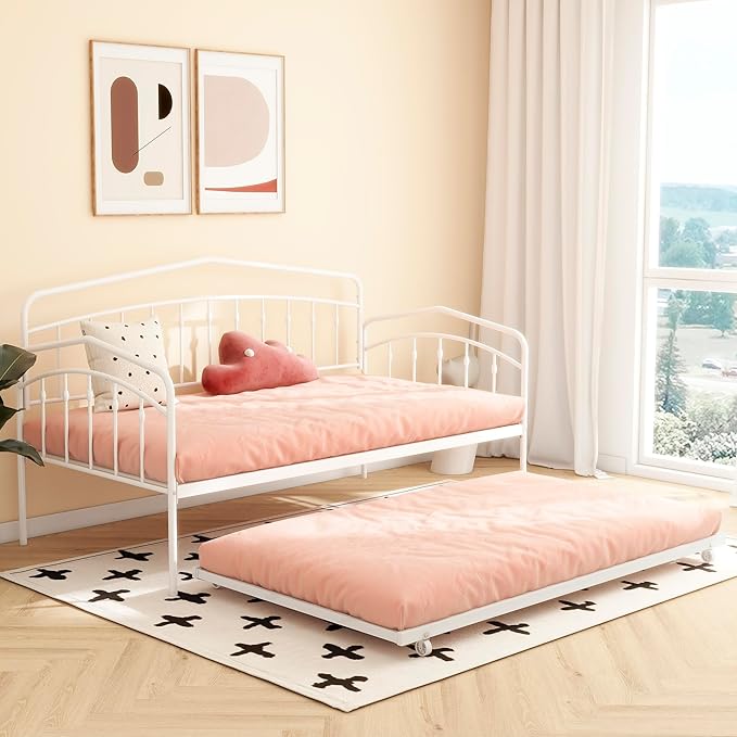GDFStudio Twin Daybed with Trundle,Metal Sofa Bed Set,Rollaway Daybed Couch Bed Frame for Bedroom Living Room Guest Room White