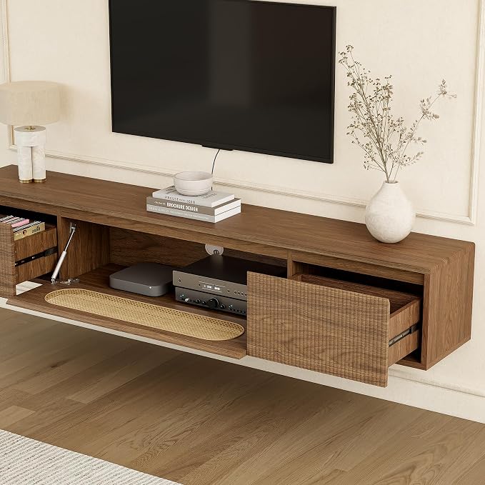 LITTLE TREE 71'' Floating TV Stand Wall Mounted, Large Floating TV Stand, Fluted Floating Shelf for Under TV, Modern Media Console with Drawers & Flip-Down Cabinet Doors for Living Room, Bedroom - Image 4
