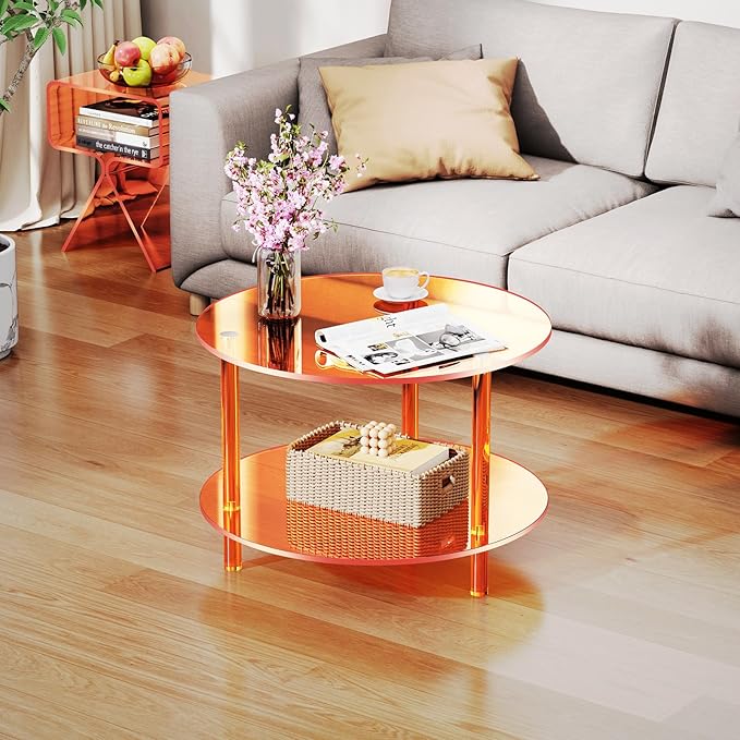 Acrylic Coffee Table, Small Round Modern Coffee Table for Living Room,23.6" D x 23.6" W x 16.5" H
