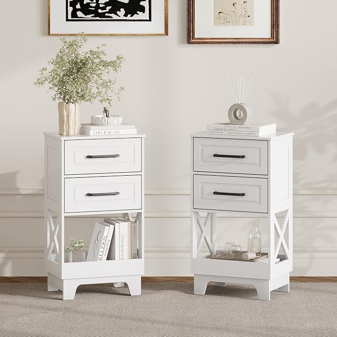 Tall Nightstand Set of 2 Side Table with 2 Drawers Modern Night Stand Wooden End Table Bedside Table with Below Open Shelf Solid Feet for Bedroom White - Image 9