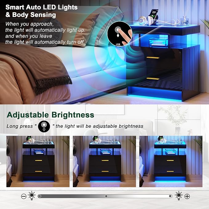 HNEBC LED Nightstand with Charging Station (USB,Type-C Ports) High Gloss Bedside Table with 2 Drawers, Smart Night Stand with Auto Sensor Lights,Modern Bed Side Table for Bedroom (Black) - Image 4