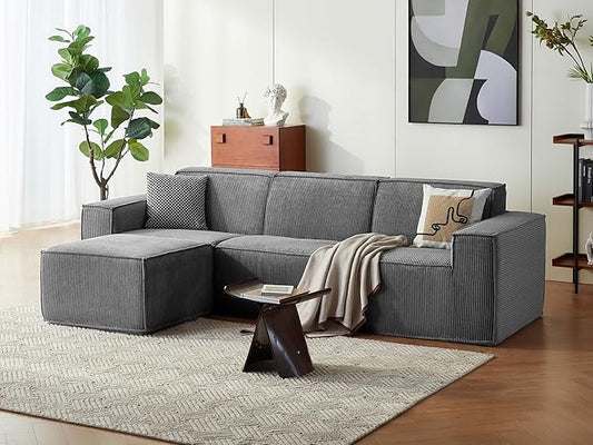 LINSY HOME Modular Sectional Sofa, 105" Boneless Couch L Shaped 3-Seat Sofa with Movable Ottoman, Corduroy Sectional Cloud Couches for Living Room, No Assembly Required, Bluish Grey