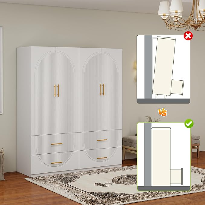 Wardrobe Armoire Closet with 4 Door Shelves 4 Drawers and Hanging Rod Wooden Storage Cabinet for Bedroom White Tall Armoire Wardrobe