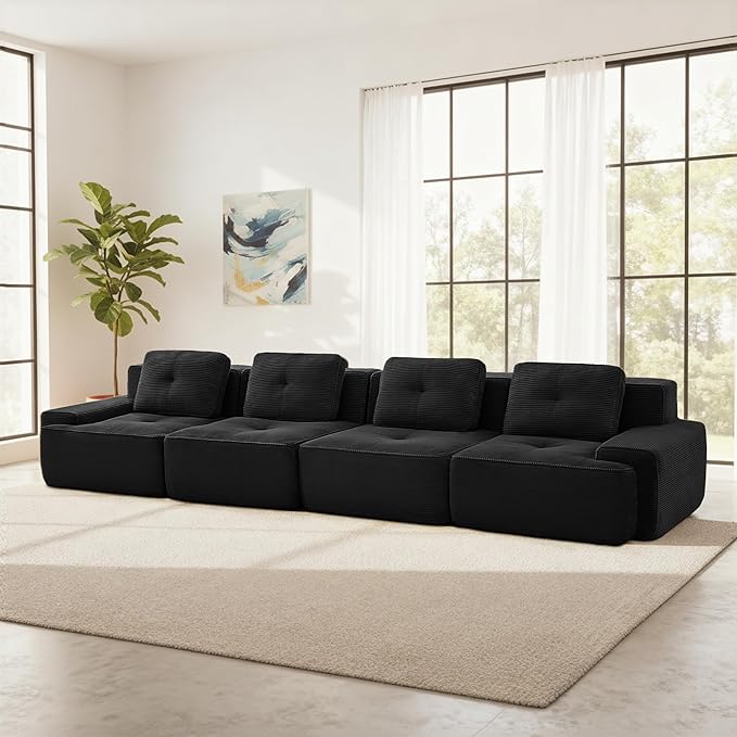 Casaphoria 150'' Black Corduroy Cloud Couch, 4-Seater Boneless Sectional Sofa with 4 Pillows for Living Room, Deep Seat Sofa, No Assembly Required