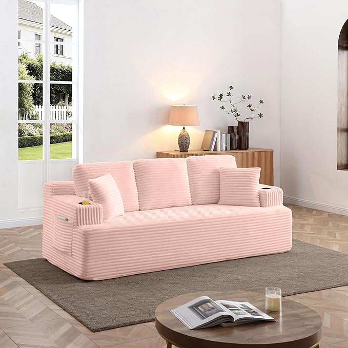 Eafurn Floor Loveseat Boneless Sofa Couch in a Box with Cup Holder and Side Pockets, 3 Seater Comfy Corduroy Upholstered Foam Couch with Deep Seating for Living Room,No Assembly | Breathable material, Cupholders