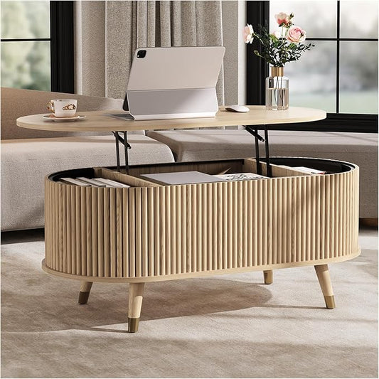 SULIVES Oval Coffee Table with Storage,Multifunctional Lift Top Drum Coffee Table, Small Fluted Center Table for Living Room, Oak
