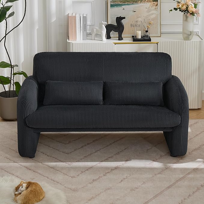 WUTUTUEE 56'' Corduroy Loveseat Sofa, 2 Seater Love Seat Couch for Small Space, Comfy Upholstered Modern Leisure Loveseat Couches with Lumbar Pillows for Bedroom, Office, Living Room, Black