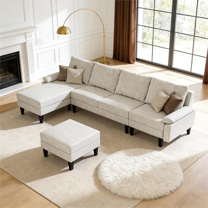 Modern L-Shaped Sectional Sofa with Storage Ottoman, Apartment Sectional Couch with Left Facing Chaise, 3-Piece Living Room Sofa Set, 115 Inch Furniture, Off-White