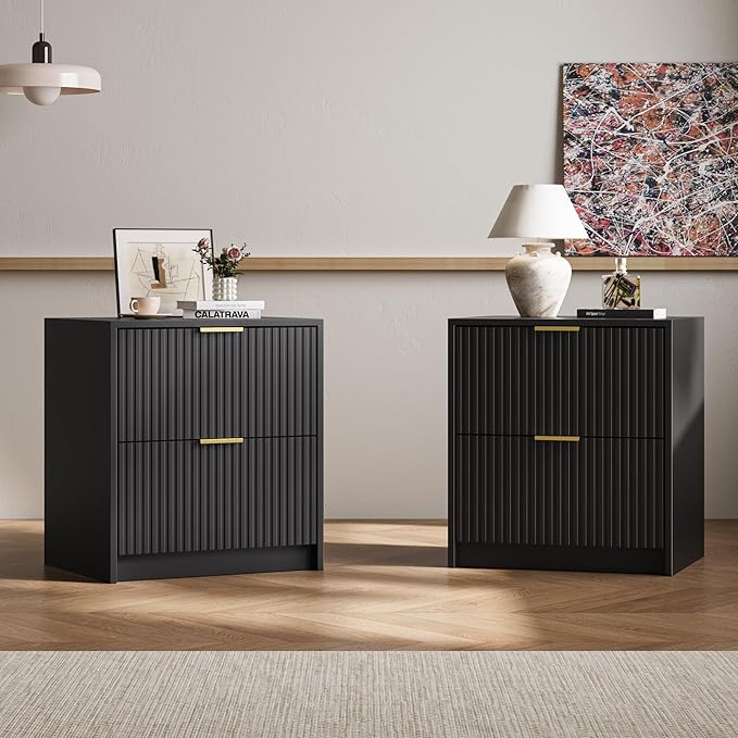 MAISONARIA 3-Piece Dresser Bedroom Set, 8 Drawer Dresser & 2 Drawer Nightstands with Gold Handles, Fluted Wood Chest of Drawers for Bedroom, Living Room, Entryway, Black
