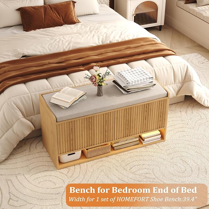 HOMEFORT 39.4" Fluted Shoe Storage Bench, Entryway Bench with Linen Seat Cushion, Shoe Cabinet Bench with Adjustable Shelf and Built-in LED Sensor Light, Bench for Bedroom End of Bed, Natural Oak - Image 5