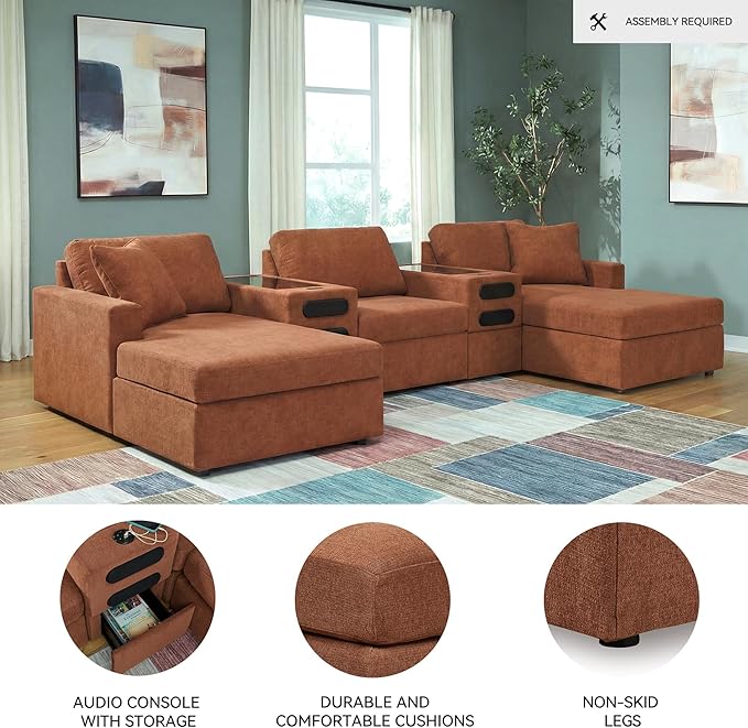Signature Design by Ashley Modern Modmax Stain Resistant U-Shape Symmetrical 5-Piece Double Chaise with Audio Consoles and Reversible Cushion, Orange