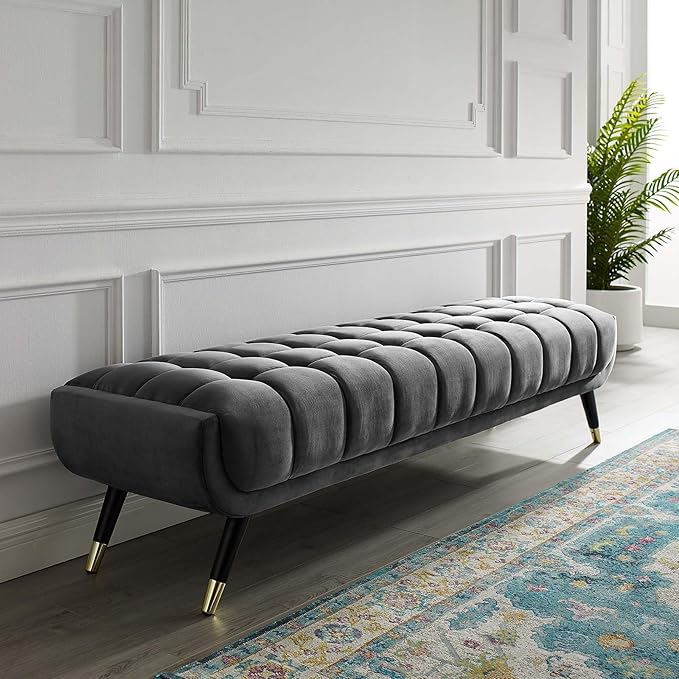 Modway Adept Mid-Century Modern Velvet Upholstered Tufted Accent Bench in Gray