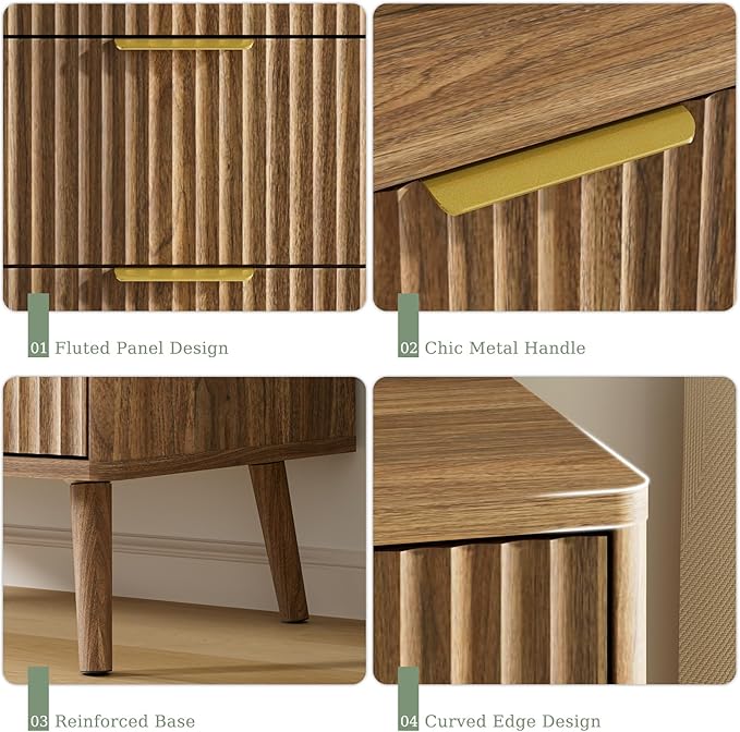 LYNSOM Fluted Dresser and Nightstand Sets 3 Piece, 5-Drawers Dresser and 2-Drawer Nightstands Set of 2, Wood Bedroom Furniture Set for Home, Bedroom, Hallway, Walnut