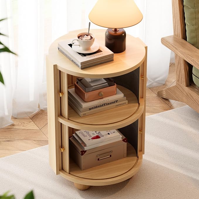 Round Nightstand with Sliding Doors and 2 Storage Shelves, Modern Bedside End Table, Suitable for the Bedroom (Oak) - Image 6