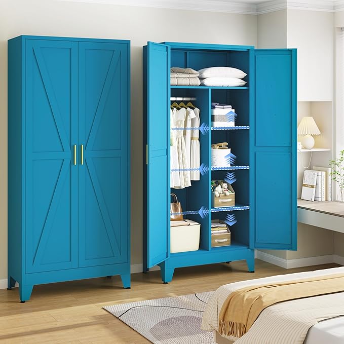 71" Armoire Wardrobe Closet with Hanging Rod & Adjustable Shelves, 2 Doors Blue Armoire Wardrobe Closet, Metal Clothing Storage Wardrobe Cabinet for Bedroom, Laundry Room, Office