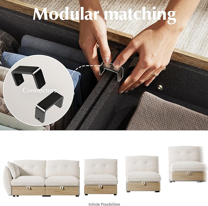 126" 4-Seater Cloud Couch Sectional Modular Sofa with Storage, Cotton and Linen Fabrics Modern Oversized Deep Seat Sofa with Armrest Pillow, Easy Assembly for Living Room, Apartment, Ivory