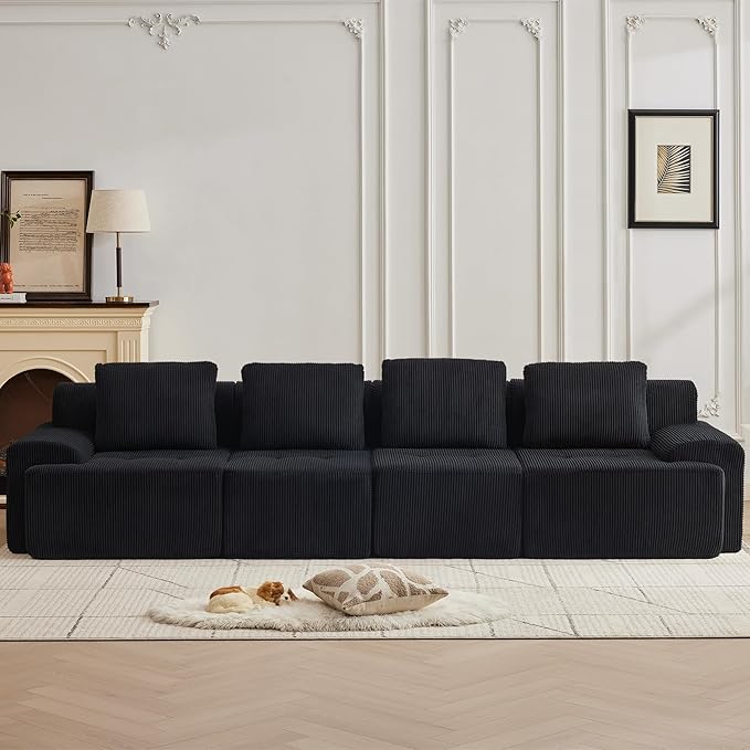 Modular Sectional Sofa with Movable Ottoman, 4 Seat Deep Seat Couch with 4 Pillows, Comfy Cloud Sectional Sofa for Living Room, Bedroom and Apartment (Black, 1 Left+1 Right+2 Middle)