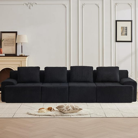 Modular Sectional Sofa with Movable Ottoman, 4 Seat Deep Seat Couch with 4 Pillows, Comfy Cloud Sectional Sofa for Living Room, Bedroom and Apartment (Black, 1 Left+1 Right+2 Middle)