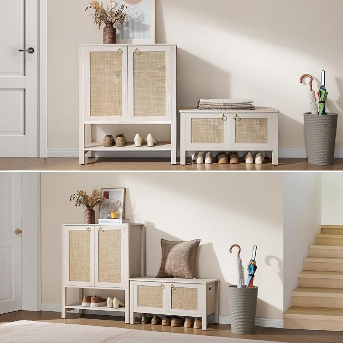 SICOTAS Rattan Shoe Cabinet with Storage - 5 Tier Farmhouse Boho Shoe Organizer Storage Cabinet with Shelves & Doors, Tall Shoe Rack Cabinet for Entryway, Living Room, Closet (White Cream Oak) - Image 4