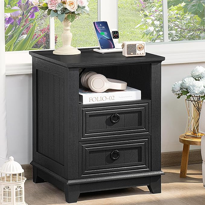 Joaxswe 18" Farmhouse Night Stand with Charging Station, 2 Drawers End Table Dresser for Bedroom, Black Wooden Nightstand, Bed Side Table with Open Shelf, Bedside Cabinet for Living Room, Closet by Joaxswe