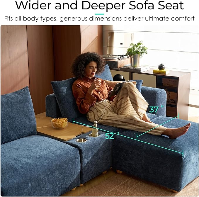 LINSY HOME Cloud Couch Sectional, Modular Sofa Sectionals for Living Room Bedroom, 91" 2 Seater Love Seat Couch with Ottoman, Deep Seat Cozy Couch Luxury Chenille Sofas, Blue